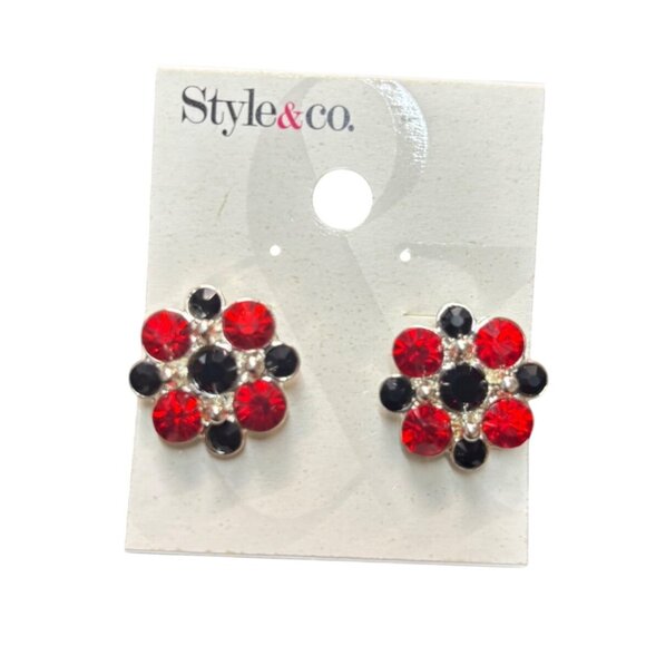 Style & Co. Red & Black Crystal Flower Stud Earrings - Picture 1 of 7